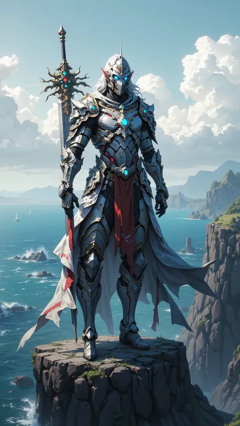  A mysterious warrior wearing armor in the sky，Holding a magic sword ， decorated with brightly colored crystals ， standing on a cliff overlooking the vast ocean ， shrouded in mystery 