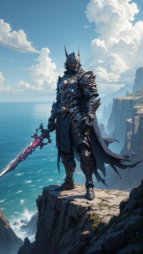  A mysterious warrior wearing armor in the sky，Holding a magic sword ， decorated with brightly colored crystals ， standing on a cliff overlooking the vast ocean ， shrouded in mystery 