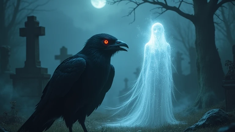 a mystical image of a dark bird staring intently with red eyes and a luminous spirit with a strong glow in a cemetery, a dark environment looking like a gloomy night