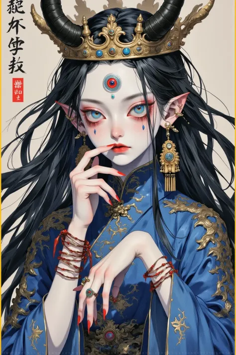 A painting of a woman in a kimono wearing a crown,  with loose hair，A detailed painting inspired by Cheng Yanjun ,  is popular in the CG society , Aestheticism, Gu Weiss,  yanjun chengt , artwork in the style of Gu Weiss,  krenz cushart and wenjun lin , Gu...