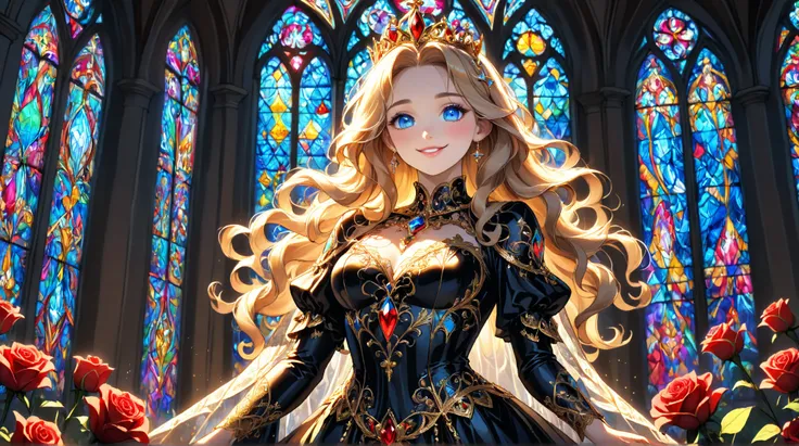  Masterpiece、 top quality、 high res、Vivid、Full body image of a woman illuminated by stained glass light、Wide angle super full body shot、Raise the hem of your skirt and pose gracefully、One mature beauty ( blue eyes、 Gold、 long hair、Curly Hair、Bewitching Smi...