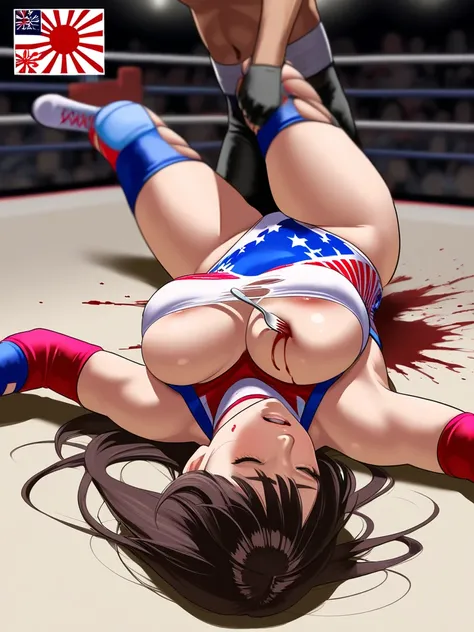 Female wrestler, Japanese, veteran,A sexy costume with a red rising sun flag pattern on white fabric,vs boyfriend,wrestling match,Fork stuck in breast, blood splatter, defeat, falling, costume torn,top rated on pixiv, realistic anime style at pixiv