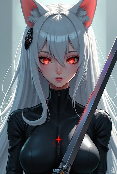 a close up of a woman in a cat suit holding a sword, ทิฟา ล็อคฮาร์ท  white hair,  white hair,  white hair, no inspired,  white hair lady, v จาก devil may cry เป็นเอลฟ์, 2b, 2 b, perfect  white hair girl, Commission oc ,  Cyber-Robot - Silver-haired Girl,  ...