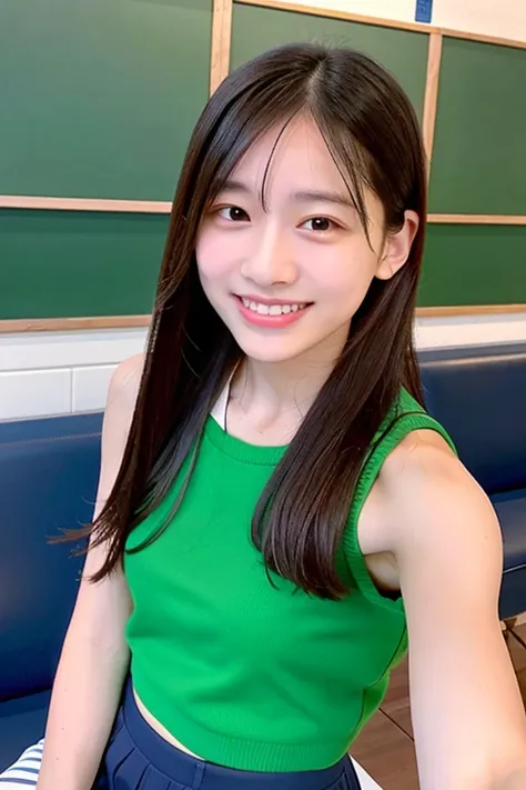 Draw a cheerful, A girl wearing sportswear taking a selfie while sitting at a sports clubpretty  with long hair and a slightly ish face, smiling at you.Her naturally straight shoulder-length hair sways. Her smile gives off a cheerful and friendly vibe, and...