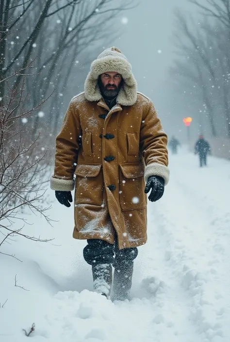  Shishkin style painting .   the central image is a man wrapped in a sheepskin coat and hat ,  he raised his fur collar ,  the face is half-hidden .  A person wandering through a snowstorm ,  it's almost invisible because of the blizzard :  Snowstorm and s...