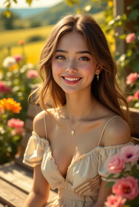 Oil gloss style ,  image of a beautiful girl with a smile , small earrings ,  beautiful soft makeup with glitter , picture,  beautiful dress with a neckline and stripes on one side of the body,  small neck chain with pendant , beautiful view,  sunny weathe...