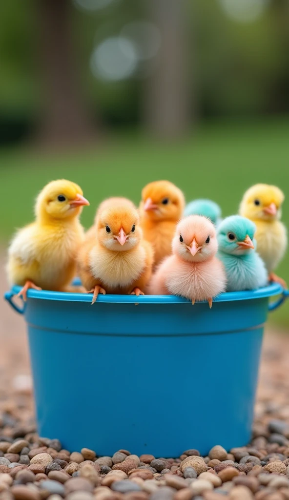 The image shows a group of small chicks in a blue bucket. The bucket is placed on a gravel ground with small pebbles scattered around. The chicks are of different colors - yellow, orange, pink, blue, and green. They are all facing the same direction and ap...