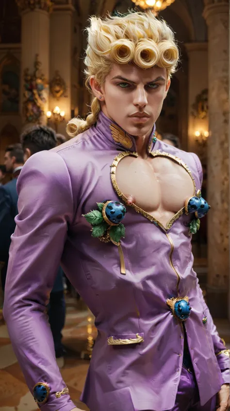 Man , background is italy ,The character has a distinctive appearance with bright yellow ,hair. The character's skin is fair, and the facial expression is serious, with sharp eyes and defined features. The outfit is a form-fitting, purple suit with a heart...