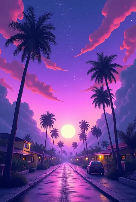 A vibrant, stylized image of a surreal landscape, merging elements of a purple, starry daylight sky with palm trees and a city street scene, featuring a vibrant color palette of purples, deep blues, and hints of yellow; with smooth, almost liquid-like text...