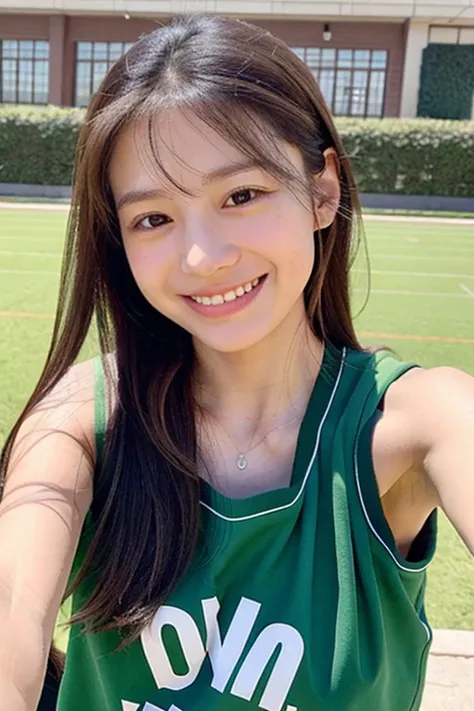 Draw a cheerful, A girl wearing sportswear taking a selfie while sitting at a sports clubpretty  with long hair and a slightly ish face, smiling at you.Her naturally straight shoulder-length hair sways. Her smile gives off a cheerful and friendly vibe, and...