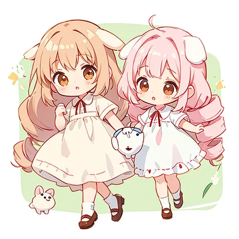 White droopy dog　cute design,  the most beautiful girl I've ever seen、 chibi, deformed　 plain background　 1 girl, drill twin tail,  light pink hair　Droopy white dog ears ,  chibiキャラ　The vertical roll floats fluffy　cute white and brown dress　Put a brown rib...