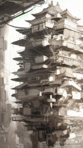 A Japanese house floating above a futuristic city