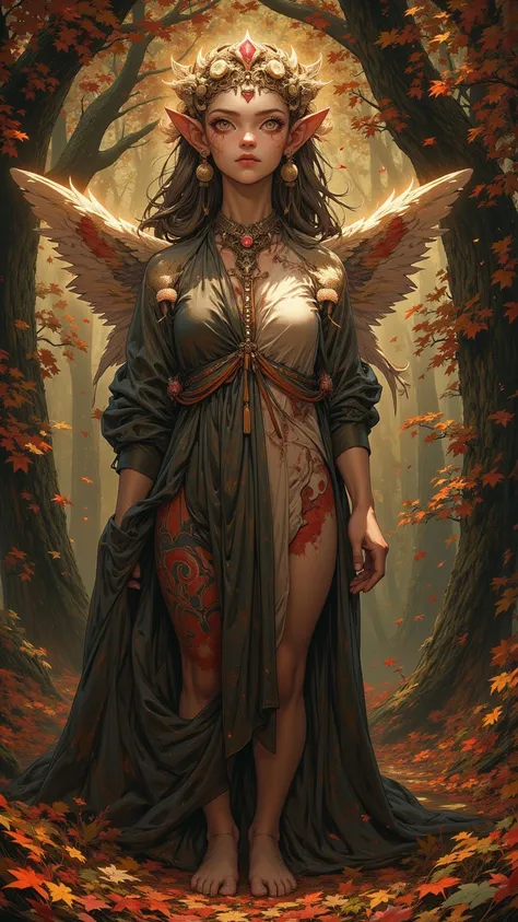  Depicting a luminous skin tone， Godlike woman ，Marcia ，Heart-Shaped Face ， Tears， Pointed ears like a cat ，round earrings， Watery sleeves ，barefoot， Butterfly wings of a spirit ， Lateral gaze ， Self-portrait ，Autumn background，One quarter ， Blood spell 