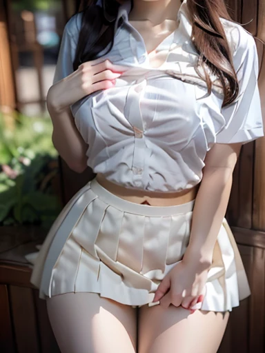  RAW Photo,  1 girl,  cute face,  beautiful face,  medium bust,  collared blouse ,  white blouse, cat, Nipples,   light smile,  detailed skin,   simple background , Knee, (skirt lift:1.2), skirt lift pov,  panty pull,  shirt lift up, bra lift up,  tight wa...