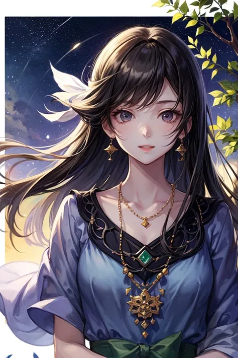 Rich ink painting 、  top quality 、  masterpiece、   high image quality 、  Official Art、  young,  graceful and beautiful woman 、 Perfect Face 、 long brownish black hair  、  perfect style、 wearing a light purple transparent dress 、  earrings、  necklace、  full...