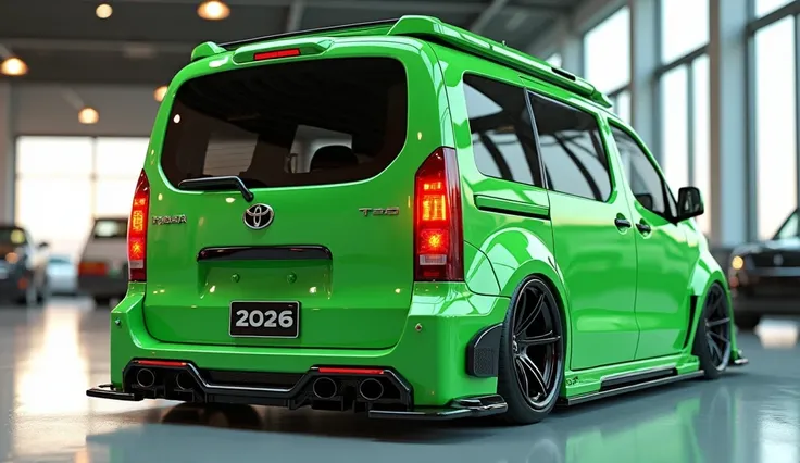 3D render of a heavily modified ( 2026 Toyota campervan )in (apple green )colour, (back view) The car features , ultra-high-detail glossy and shiny modifications, including sleek add-ons. The (2026 logo is prominently displayed on the , the ( back lights) ...