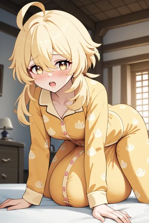  1girl,  slim, open mouth, lumin Genshin IImpact,  yellow eyes, medium hair,ahoge,pajamas, bedroom, shy, turn red,bends over, is on all fours,  looks at the viewer, hands on the bulge, yellow hair (huge hyper giant bulge in pajamas: 2.3), (  contoured peni...