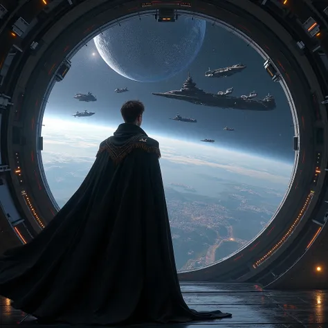 young handsome man age 18, with short dark brown hair wearing black noble royal military black cape, standing inside huge space station with big city and garden view far from outside space, beautiful stars, many fighter space ships lining up above in the s...