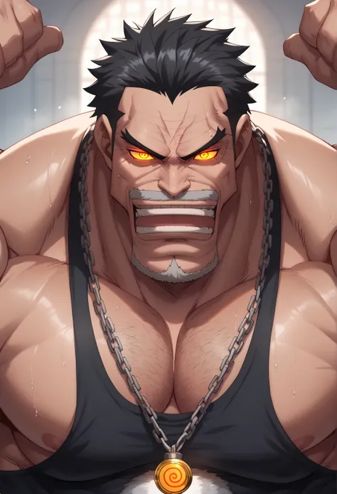 Monkey D. Garp, staring at golden pendulum, black hair, chain necklace, black tanktop, shirtless, muscular, muscles, big biceps, broad shoulders, massive pecs, sweaty, hairy chest, glowing golden spiral in the eyes, blank expression, vacant stare, hypnotiz...