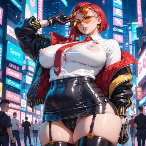 anime, giant tits, giant hips, wide hips, plump, dark long red hair, stupid looking, tight clothes, mini skirt, tie, bursting shirt, fully clothed, cyberpunk, covered nipples, black three pieces suit, agent, sunglasses, secret, golden sunglasses, gloves