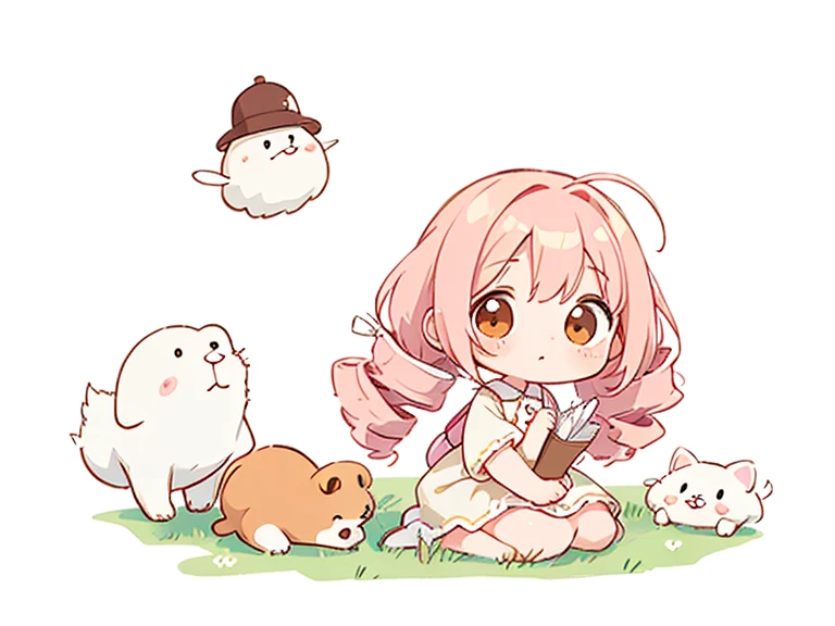 White droopy dog　cute design,  the most beautiful girl I've ever seen、 chibi, deformed　 plain background　 1 girl, drill twin tail,  light pink hair　Droopy white dog ears ,  chibiキャラ　The vertical roll floats fluffy　cute white and brown dress　Put a brown rib...