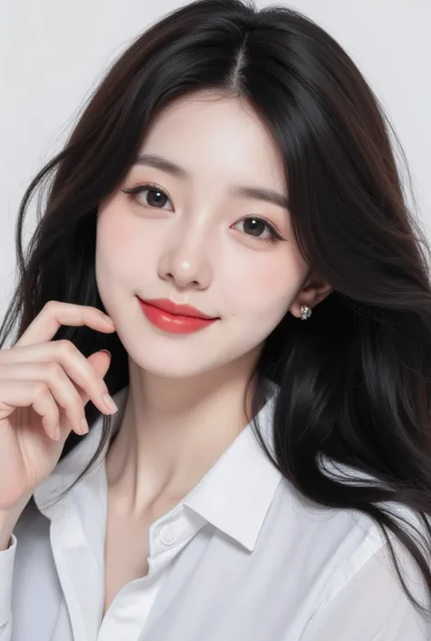 realistic,1girl,korean woman,long hair,white collared shirts,dark red lips,smile