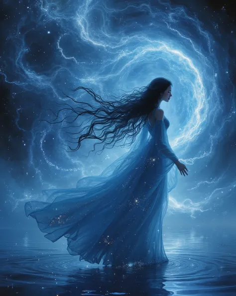 Yoshitaka Amano、 final fantasy \(series\), ( Science Fiction :1.1), (achromatic :1.1), (Horizontal position:1.2), ( Very Long Wavy Glowing Hair:1.1), (glowing vortex:1.2), UNDERBOB , ( skindentation:1.1), universe, universe雲, black hair, (Beautiful blue ...