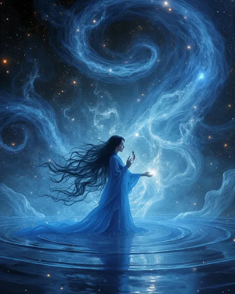 Yoshitaka Amano、 final fantasy \(series\), ( Science Fiction :1.1), (achromatic :1.1), (Horizontal position:1.2), ( Very Long Wavy Glowing Hair:1.1), (glowing vortex:1.2), UNDERBOB , ( skindentation:1.1), universe, universe雲, black hair, (Beautiful blue ...