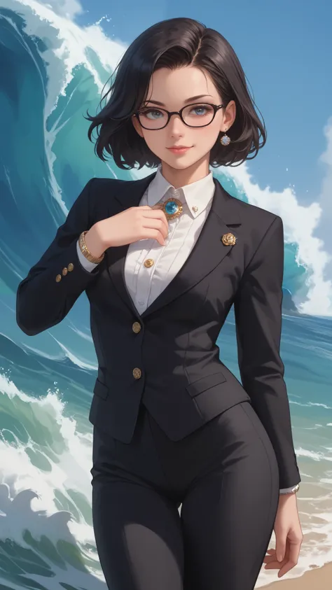 ". She is portrayed as a tall female (170 cm ) She has a strong and majestic presence . Her skin is slightly pale with a touch of glowing moonlight. . . Her fingers are long and slender . Her hair is black, medium length, straight, wave, totally untidy b...