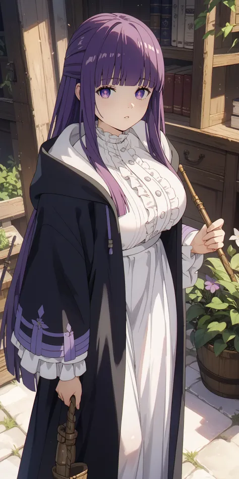 fern, purple eyes, bright pupils, white pupils, purple hair, long hair, blunt bangs, hime cut, sidelocks, large breasts, black robe, hooded robe, hood down, white shirt, frills, buttons, long sleeves, white skirt, long skirt, black boots, glossy skin, glis...