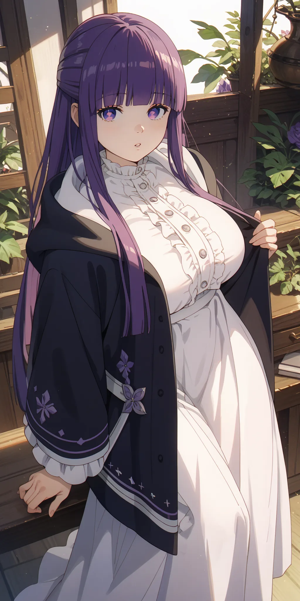 fern, purple eyes, bright pupils, white pupils, purple hair, long hair, blunt bangs, hime cut, sidelocks, large breasts, black robe, hooded robe, hood down, white shirt, frills, buttons, long sleeves, white skirt, long skirt, black boots, glossy skin, glis...