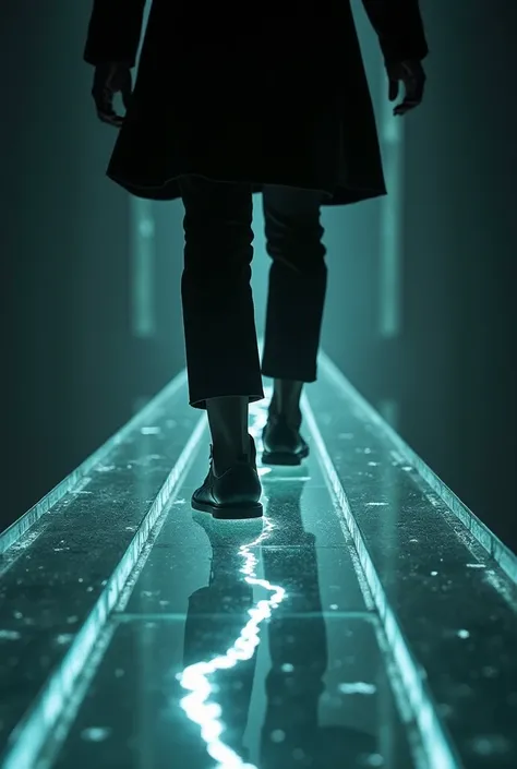 A close-up of the protagonist's feet stepping onto a glowing glass bridge in the labyrinth. The bridge cracks slightly under their weight, but they continue forward. The background is dark, with faint light below. Tense, introspective, highly detailed