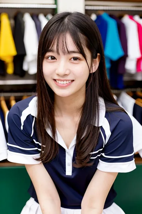 Draw a cheerful, A girl wearing sportswear taking a selfie while sitting at a sports clubpretty  with long hair and a slightly ish face, smiling at you.Her naturally straight shoulder-length hair sways. Arms crossed to emphasize her chest a little. It show...