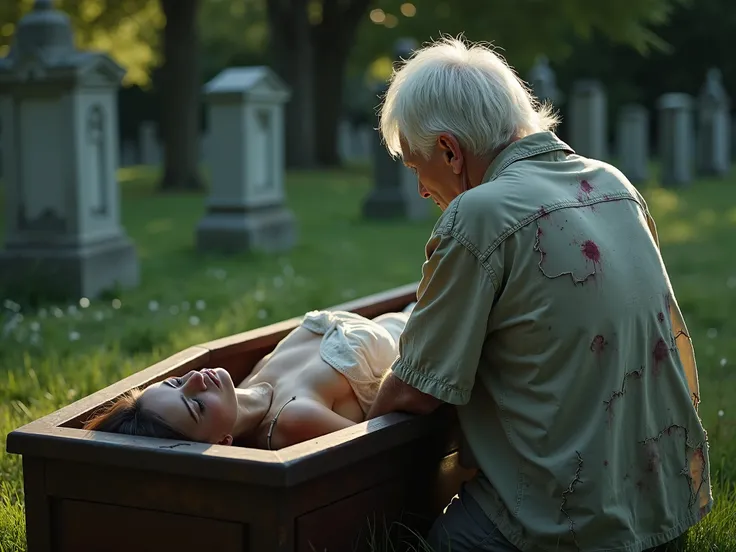 A man in his fifties with white hair appears with his back to the camera, sitting on his knees, wearing a torn shirt with signs of severe beatings and wounds in the places where the shirt was torn. In front of him is a coffin. A beautiful dead woman is sle...