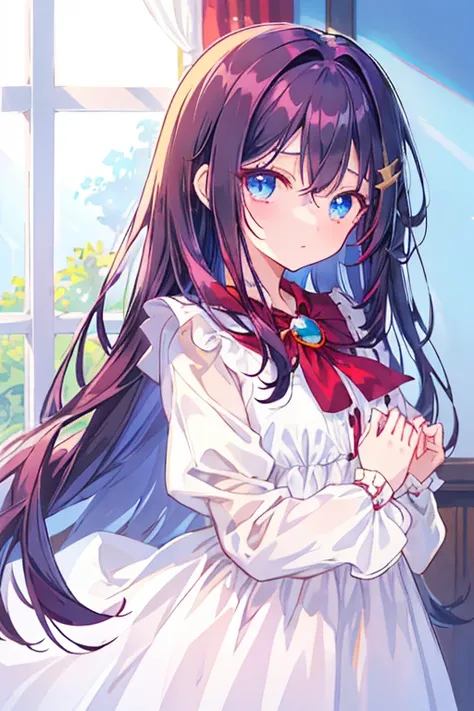 cute girl, solo, long black hair, (maroon colored inner hair:1.2), (blue eyes:1.2), 14yo, (bright atmosphere:1.5), white dress, brooch mede of blue gemstones, from side, looking up, disheveled hair, window, curtain, sunlight, shinny hair,