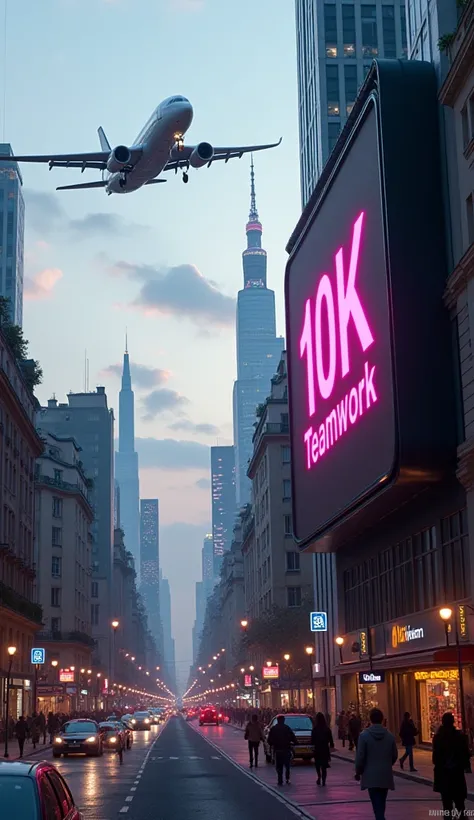 ultra-realistic,  photorealistic, Plane passing close to the city with digital billboards written TIKTOK 10K Teamwork projected on a huge monitor attached to a building in the city of Paris 