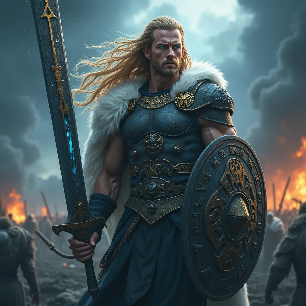  A valkyrie from Norse mythology , imposing and muscular ,  radiating power and majesty .  His body is athletic and sculpted ,  with defined muscles that reflect their superhuman strength .  His skin is pale with scars from ancient battles ,  and her long ...