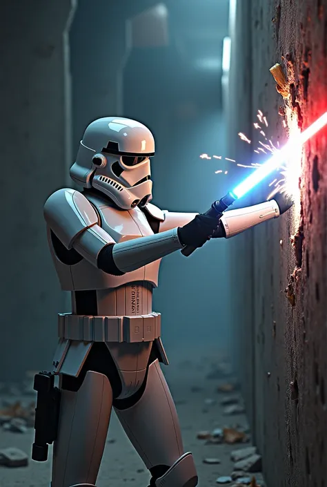 A female Stormtrooper, wearing a silver amour suit, lightsaber going through a wall, cinematic lighting, dynamic action pose and angle, complex atmosphere, Shadows and Highlights 