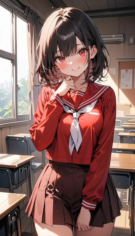 ( beautiful girl : 1.3), 1 girl,(Black and red sailor suit, Long Sleeve, check miniskirt, pure white underwear, pubic hair), black hair, BOB CUT,smile, is bashful,blush,classroom,masterpiece, top quality, Ultra High Resolution, rich contrast, high image qu...