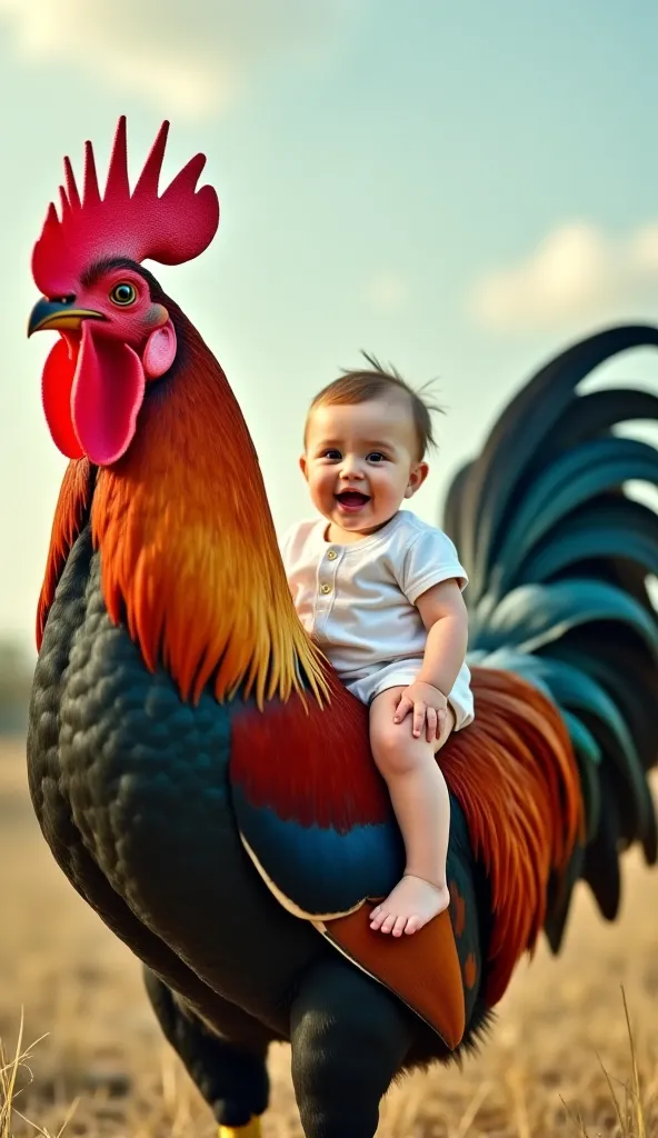 A surreal and whimsical scene featuring a very small happy baby wearing a white outfit, joyfully riding on the back of an oversized, majestic rooster. The rooster has vibrant, colorful feathers with a proud red comb and a confident stance. The image convey...