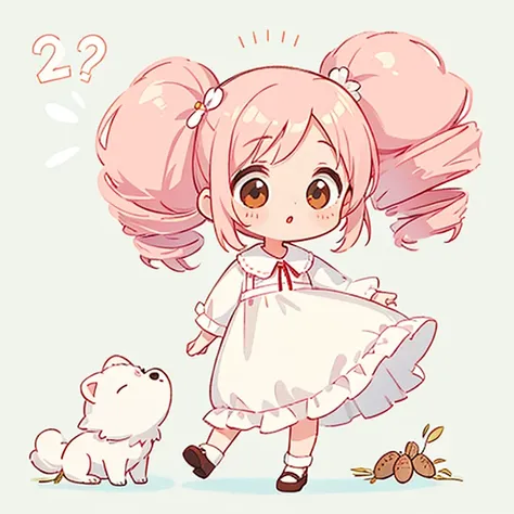 White droopy dog　cute design,  the most beautiful girl I've ever seen、 chibi, deformed　 plain background　 1 girl, drill twin tail,  light pink hair　Droopy white dog ears ,  chibiキャラ　The vertical roll floats fluffy　cute white and brown dress　Put a brown rib...