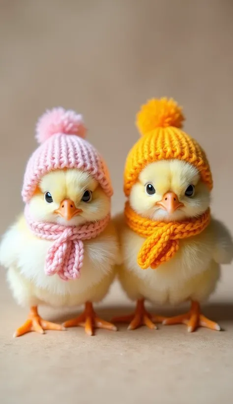 Two baby chicks, one white and one yellow, are centrally positioned in the image. Both chicks are wearing small, knitted hats with pom-poms and matching knitted scarves.  The chicks are facing forward, with a serious expression. The white chick is wearing ...