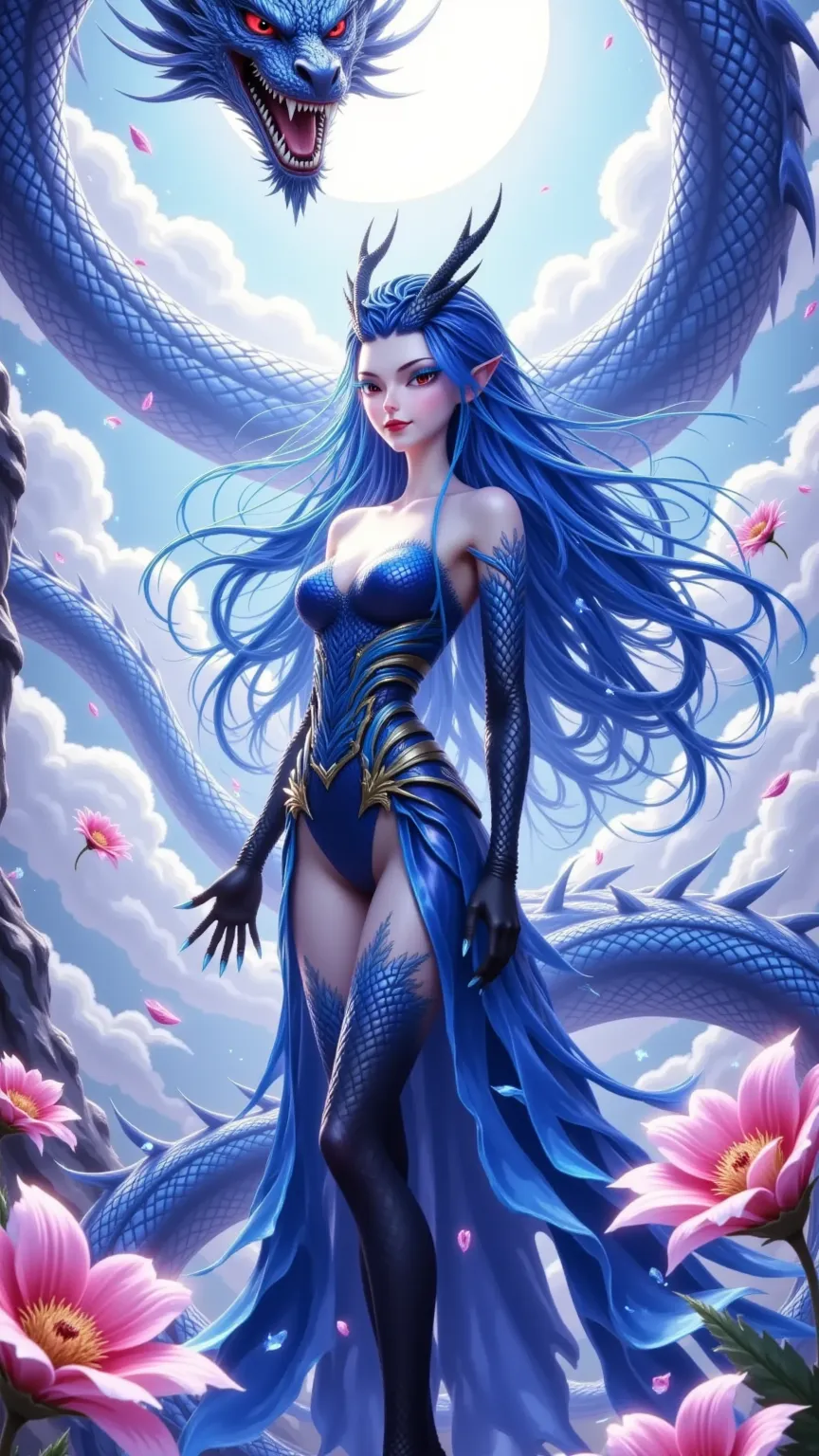 This image depicts a fantastical scene featuring a female character with striking blue hair and a matching blue dragon. The dragon has a menacing expression and is positioned behind the character. The dragon has a prominent, fierce look, with sharp teeth a...