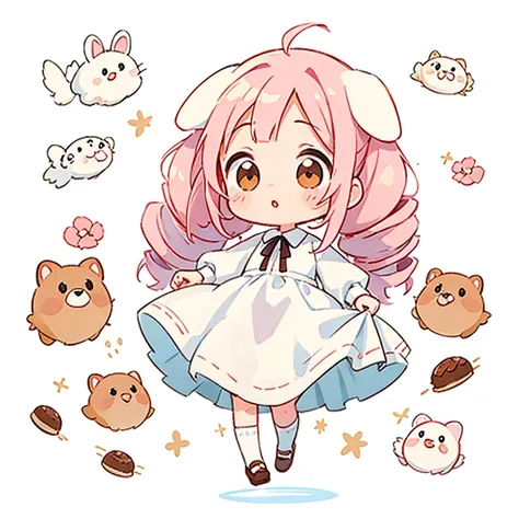 White droopy dog　cute design,  the most beautiful girl I've ever seen、 chibi, deformed　 plain background　 1 girl, drill twin tail,  light pink hair　Droopy white dog ears ,  chibiキャラ　The vertical roll floats fluffy　cute white and brown dress　Put a brown rib...