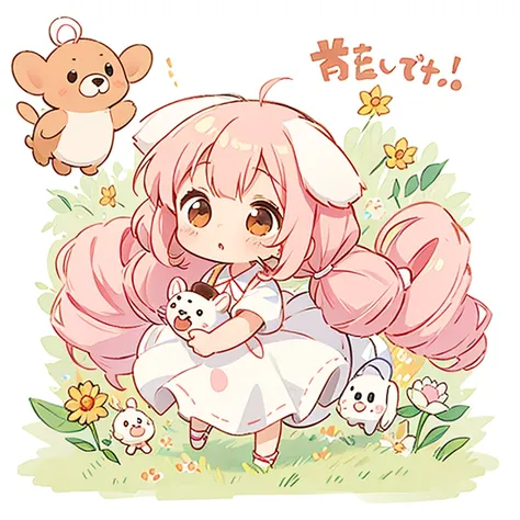 White droopy dog　cute design,  the most beautiful girl I've ever seen、 chibi, deformed　 plain background　 1 girl, drill twin tail,  light pink hair　Droopy white dog ears ,  chibiキャラ　The vertical roll floats fluffy　cute white and brown dress　Put a brown rib...