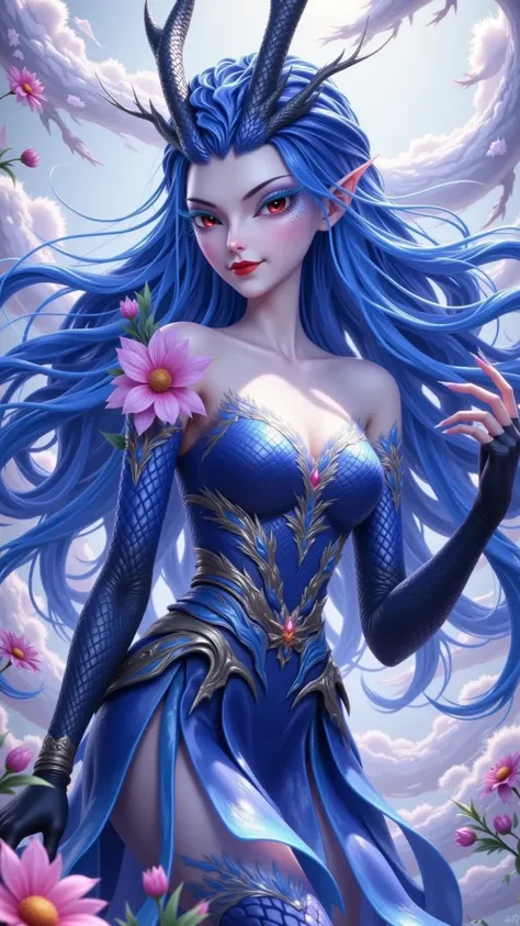  This image depicts a beautiful fantasy character with an otherworldly and magical temperament.  The character's amazing blue skin color and bright ,  A prominent pink flower near her shoulder . She has a large ,  with a pair of large ,   headgear with a b...