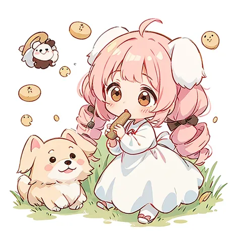 White droopy dog　cute design,  the most beautiful girl I've ever seen、 chibi, deformed　 plain background　 1 girl, drill twin tail,  light pink hair　Droopy white dog ears ,  chibiキャラ　The vertical roll floats fluffy　cute white and brown dress　Put a brown rib...