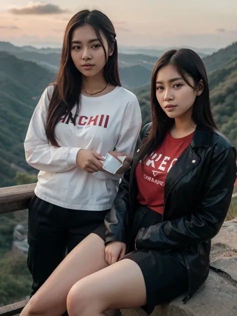  Generate an image of Generate an image of Generate an image of a young asian woman aged 18 years old white and smooth slightly chubby wearing a red t-shirt with the name BOCIL and KA Acil wearing an ash jacket" long sleeves and long black cargo pants and ...