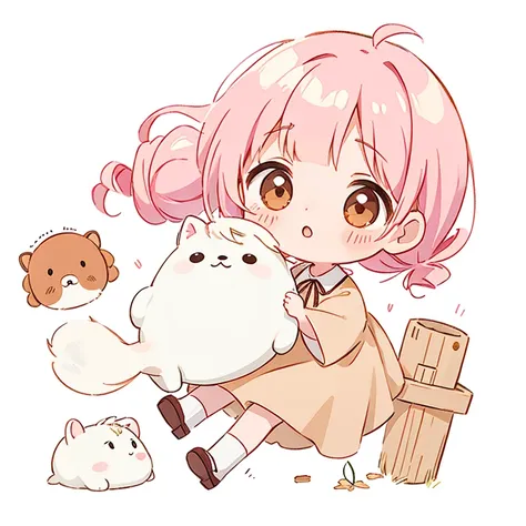 White droopy dog　cute design,  the most beautiful girl I've ever seen、 chibi, deformed　 plain background　 1 girl, drill twin tail,  light pink hair　Droopy white dog ears ,  chibiキャラ　The vertical roll floats fluffy　cute white and brown dress　Put a brown rib...