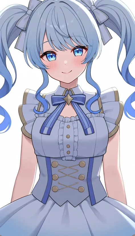 1 girl, 19yo, (smile:1.2), high twintails, wavy hair, gradient hair, silver blue hair, light blue hair, light blue eyes,(white background), idol costume, large ribbon on the chest